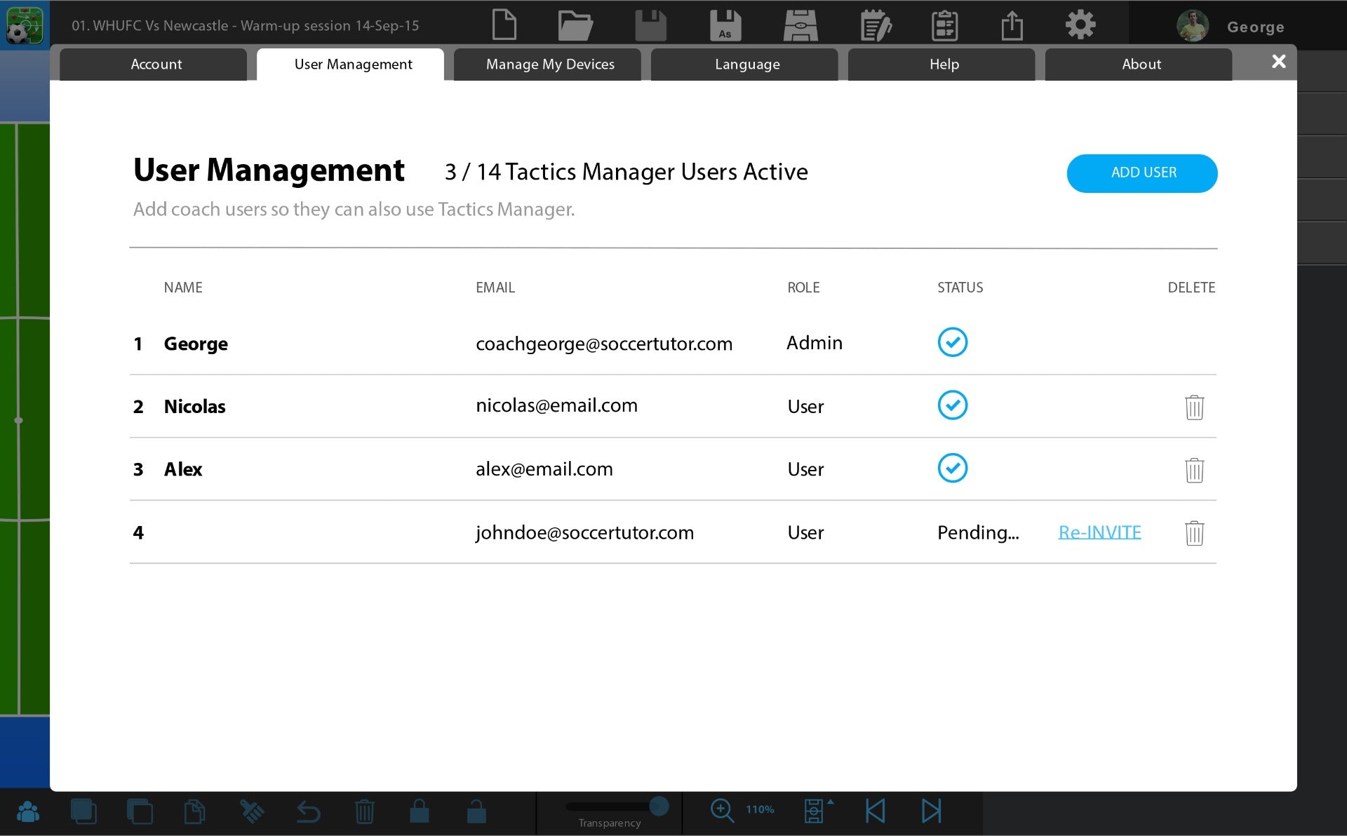 Additional Coach Users - Tactics Manager App